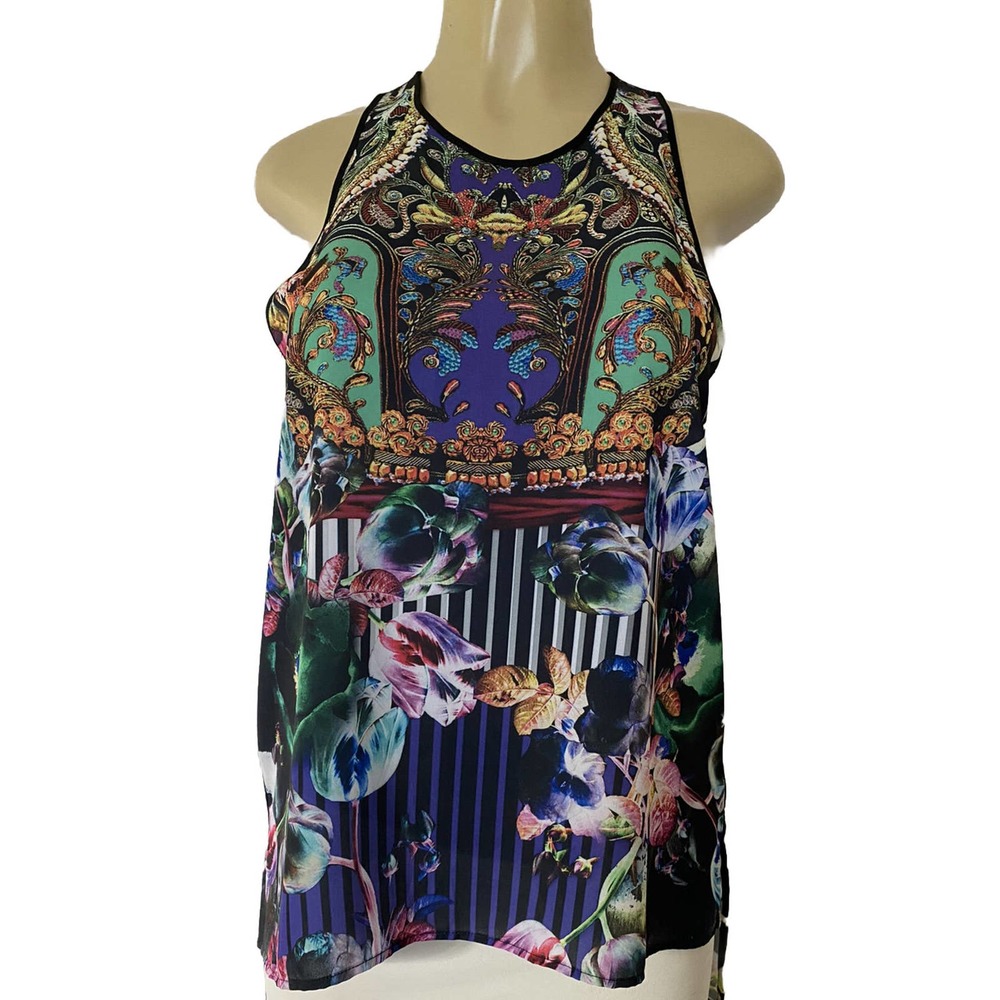 Clover Canyon Top Blouse Shirt Sleeveless Crew Neck Floral Multi Color M